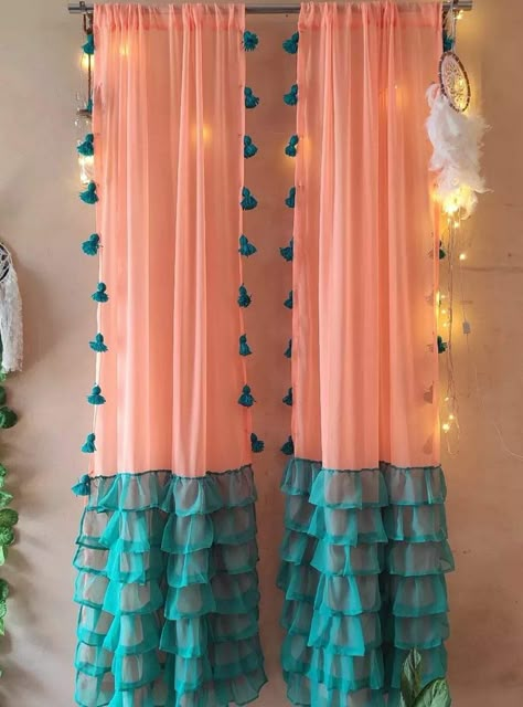 Colourful Curtains, Curtain Painting, Curtain For Pink Wall, Indian Bedroom Curtain Ideas, Saree Curtains Ideas, Pink Flower Curtains, Princess Bed Colored Curtaibs, Hippie Bedroom Curtains & Drapes, Diy Room Decor Videos