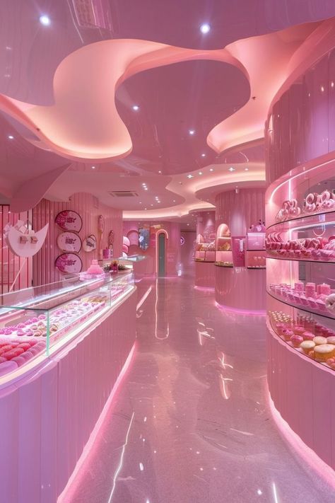 Pink Bakery Interior, Candy Shop Ideas Design, Pink Bakery Aesthetic, Pink Shopping Aesthetic, Candy Shop Design, Candy Shop Aesthetic, Stores Aesthetic, Candy Store Design, Bakery Design Interior