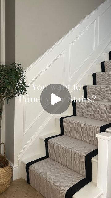 Lucy Corne @homepoppylane on Instagram: "How I got round common stair problems 🪚🔨 Stair Runner is called Home Poppy Lane Stair Runner from @floor.street use HOMEPOPPYLANE for 10% off all flooring and carpets 💷 Ad Paint @lick White 01 in eggshell and Beige 04 (PR items) Flexible MDF from @bandq_uk #stairs #staircracks #stairpanelling #hallpanelling #stairrunner #carpetrunner #herringbonecarpet #herringbonestairrunner #chevroncarpet #beigepaint #lickbeige04 #lickwhite01 #stairpaint #panellingdiy #panellingtutorial #howtopanel #stairrunnerprep" Runner On White Stairs, Stair Runner On White Stairs, Stairs With Runner Carpet, Wallpaper Hallway Stairs, White Stairs With Runner, Beige Stair Runner, Stair Carpet Runner, Taupe Stair Runner, Fawn Stair Runner