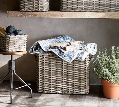 Aubrey Woven Oversized Basket - Overall : 27" wide x 18" deep x 21" high $183 Pottery Barn Storing Bedding, Square Baskets, Furniture Slipcovers, Stylish Storage Solutions, Large Baskets, Mud Room, Free Interior Design, Linen Closet, Mirror Art