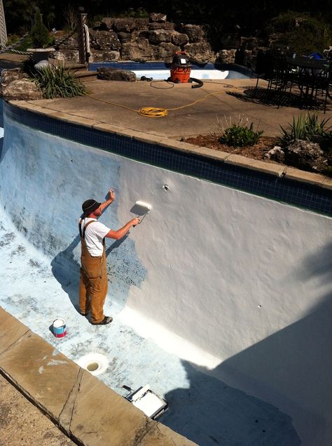 concrete pool painting Painted Pool Concrete, Pool Paint Colors, Pool Paint Colors Inground, Pool Resurfacing Ideas, Pool Steps Inground, Painted Pool, Pool Painting, Cement Pools, Pool Makeover