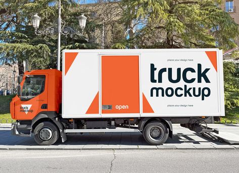 Free Transport Truck Vehicle Branding Mockup PSD - Good Mockups Vehicle Graphics Branding, App Social Media, Vehicle Branding, App Social, Photoshop Program, Media Magazine, Transport Truck, Billboard Signs, Truck Stickers