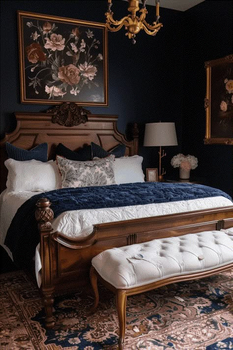 classic moody bedroom in dark blue Velvet Blue Bedding, Dark Traditional Bedroom, Dark Blue Victorian Bedroom, 1800s Bedroom Ideas, Classic House Design Interior Bedroom, Bedroom Ideas Victorian House, Primary Bedroom Bay Window, Dark Blue Romantic Bedroom, Calm Master Room