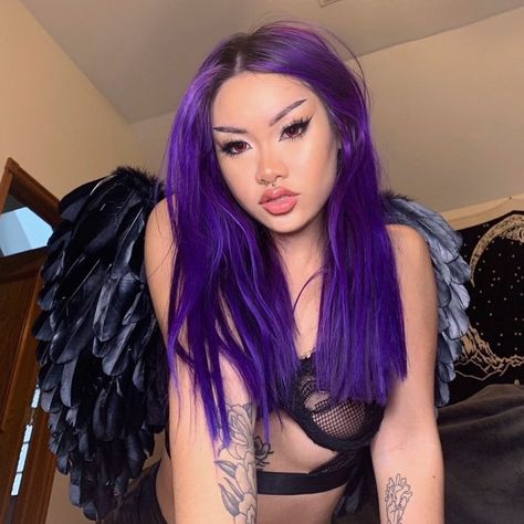 Nightshade Purple Hair, Nightshade Hair, Electric Purple Hair, Purple Hair Goth, Neon Purple Hair, Alt Hairstyles, Bright Purple Hair, Blue And Pink Hair, Bright Pink Hair