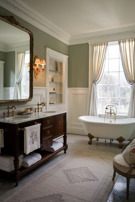 Luxurious Colonial Revival Bathroom Clawfoot Tub Separate Shower Bathroom, Greek Revival Bathroom, Bridgerton Bathroom Aesthetic, Traditional Small Bathroom Ideas, 1890s Bathroom, 1800s Bathroom, French Chateau Bathroom, Victorian Homes Interior Bathroom, Light Academia Bathroom