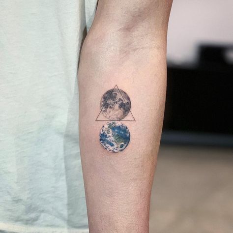 Moon and Earth tattoo by Dragon Ink tattooed on the left forearm Earth And Moon Tattoo, Earthy Tattoos, Earth Tattoo, Tattoo Filler, Moon Tattoo Designs, Tattoos Geometric, Baby Tattoos, Tattoo Outline, Nature Tattoos