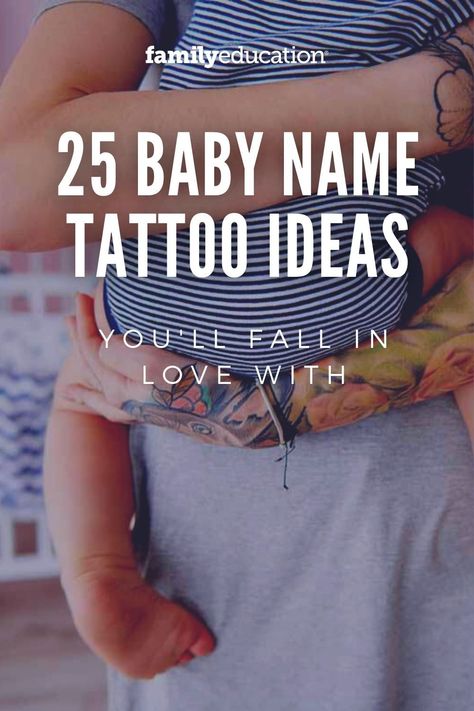 Here are 25 baby name tattoo ideas that'll be sure to inspire you to get a tattoo honoring your little one. Boy Name Tattoos For Mom, Tattoo Ideas Baby Boy, Sons Name Tattoo Ideas For Men, Tattoos Of Kids Names, Child Name Tattoo Ideas For Men, Tattoo Baby Name, New Baby Tattoo Ideas, Tattoo Ideas For Baby Boy, Childs Name Tattoo