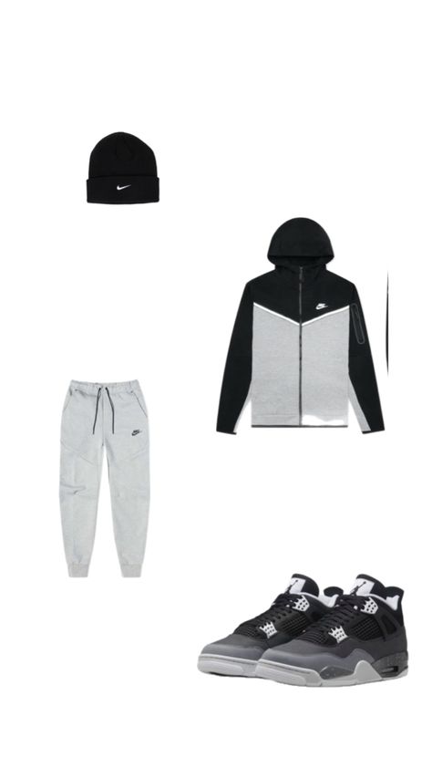 Nike tech, Jordan 4 fears, Nike grey sweats, Nike beanie Nike Tech Outfit, Tuff Outfits, Guys Outfit Ideas, Nike Tech Fit, Jordan 4 Fear, Jordan 4 Outfit, Nike Beanie, Tech Outfit, Jordan 4’s