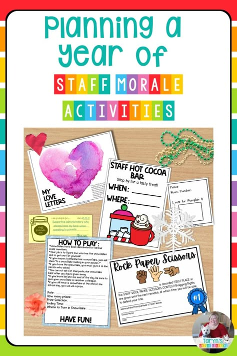 Building a positive working environement for your teachers and school staff doesn't have to be time consuming. This blog post details how you can quickly and easily plan a full year of staff morale and employee engagement activities. There's even a month by month schedule of events you can follow. Whether you are a school administrator, office staff or sunshine committee member, you can't go wrong with the ideas in this blog post. Click through to read about planning a full year of staff morale activities for your school. Teacher Incentives For Teachers, Staff Praise Board, Office Sunshine Committee, Boosting Employee Morale Ideas, Staff Teacher Gifts, Staff Appreciation Sayings, Motivational Activities For Employees, Icebreakers For Teacher Staff Meetings, Boosting Teacher Staff Morale