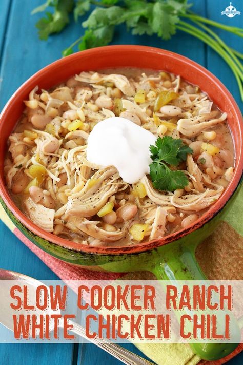 Slow Cooker Ranch White Chicken Chili | SouthernBite.com White Chicken Chili Ranch Packet, Ranch Chili, Chicken Chilli, White Chicken Chili Recipe, Ranch Packet, Recipe Crockpot, Chicken Ranch, White Chili, White Chili Chicken Recipe