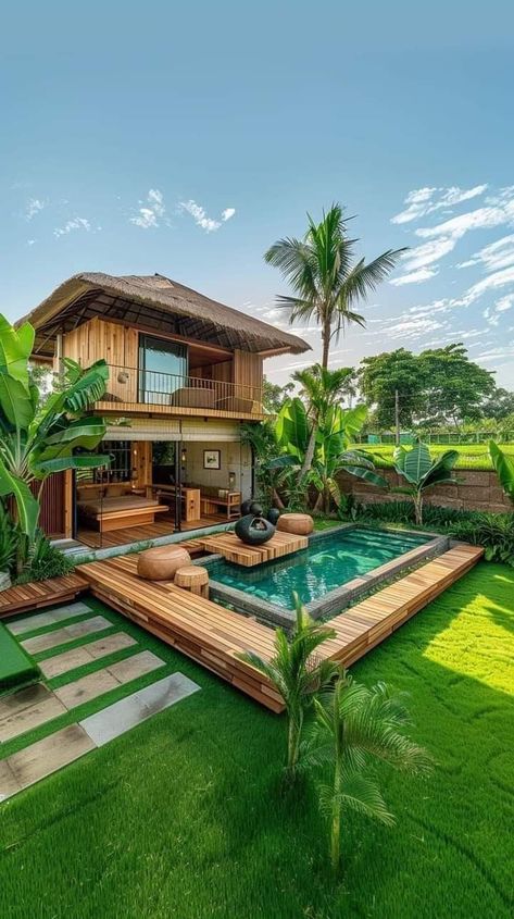 Tropical Beach Houses, Tropical House Design, Small Villa, Bali House, Cottage Style House Plans, Rest House, Resort Design, Tropical House, Beach House Design