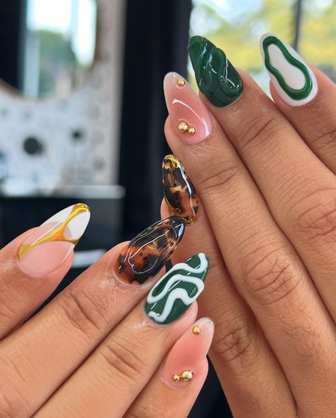 🫶🏼🐢🤎✨ . . . . . . . . . . . #nailinspo #nailsofinstagram #mixmatchnails #greennails #tortie #chromenails #frenchmanicure #bostonnails #bostonnailtech #nailsbysarai Jungle Theme Nails, Jungle Nails, Theme Nails, Mix Match Nails, Jungle Theme, Chrome Nails, French Manicure, Green Nails, Nail Tech