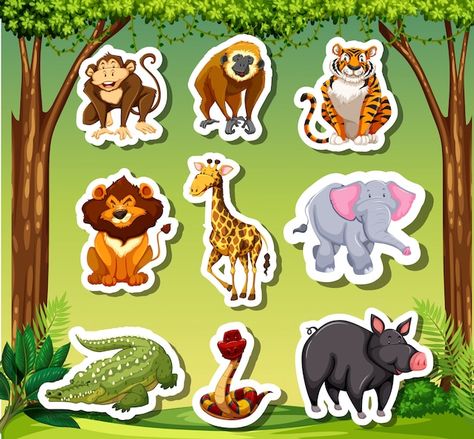 Vector many animals sticket in jungle ba... | Premium Vector #Freepik #vector #cartoon-tree #tree #tree-clipart #tree-art Sticker Pictures, Jungle Background, Cute Giraffe, Animal Stickers, Background Illustration, Jungle Animals, Animals Images, Letters And Numbers, Vector Photo