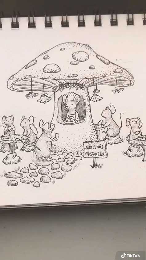 Tiny World Drawing, Sketchbook Ideas Landscape, Cottagecore Drawing Ideas, Cottagecore Doodles, Mushroom Drawing Ideas, Spring Drawings, Fairy House Drawing, Sketching For Beginners, Sketches For Beginners