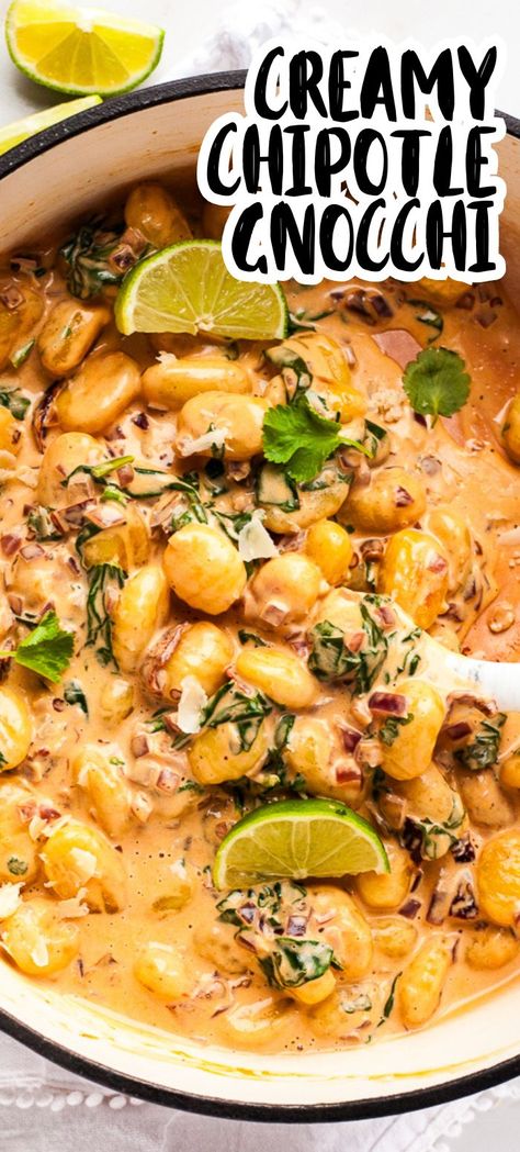 This easy creamy chipotle gnocchi recipe has a satisfying kick of smoky spice and is ready in 20 minutes! Keep it simple or add veggies or protein, this is a great base recipe to build on for a flavorful dinner which can be as spicy or mild as you wish! Spicy Gnocchi Recipes, Alfredo Gnocchi, Spicy Pasta Recipes, Meatless Chicken, Flavorful Dinner, Gnocchi Recipe, Sweet Potato Gnocchi, Alfredo Sauce Recipe, Best Vegetarian Recipes