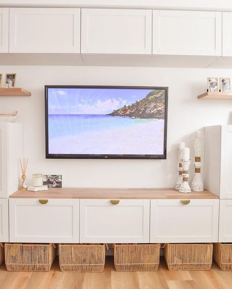 Tv Unit With Lots Of Storage, Ikea Toy Storage Under Tv, Ikea Under Tv Storage, Lounge Room Toy Storage Ideas, Media Console Toy Storage, Under Tv Wood Storage, Lounge Room Storage Ideas, Floating Tv Shelf Ikea, Above Tv Storage