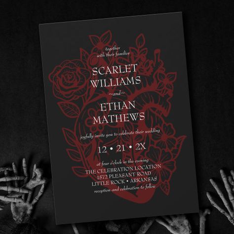 $2.92 | Gothic Elegant Red & Black Floral Heart Wedding In #gothic, elegant, red and black, floral heart, black wedding, moody, eerie, hallowedding, black invitations, vampire wedding Elegant Halloween Wedding Invitations, Black And Red Christmas Wedding, Black And Red Wedding Invites, Black And Red Gothic Wedding Theme, Red And Black Gothic Wedding, Red And Black Wedding Aesthetic, Black And Red Wedding Theme Decor, Red And Black Theme Wedding, Black And Wine Red Wedding