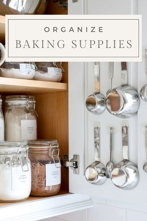 Keep your kitchen neat and clean with these pantry cabinet organizing tips. Keep baking supplies fresh longer and see where in the kitchen to store them. Organized Baking Pantry, Organized Baking Cabinet, Kitchen Baking Storage, How To Organize Dish Towels, Organizing A Pantry Cabinet, Organize Baking Ingredients, Baking Cabinet Organization Ideas, Organize Baking Cabinet, Baking Pantry Ideas