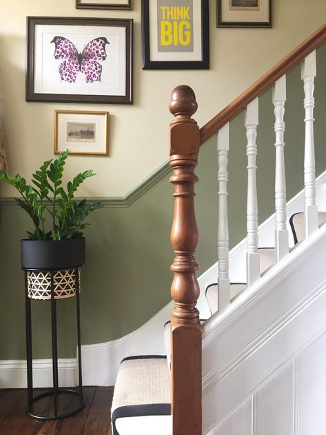 Staircase Ideas 1930s, Two Tone Bannister, Georgian Staircase Ideas, Stairs Dado Rail, Small Banister Ideas, Uk Stairs Ideas, Dark Green Staircase, Panelling Up Stairs, 1930 Staircase