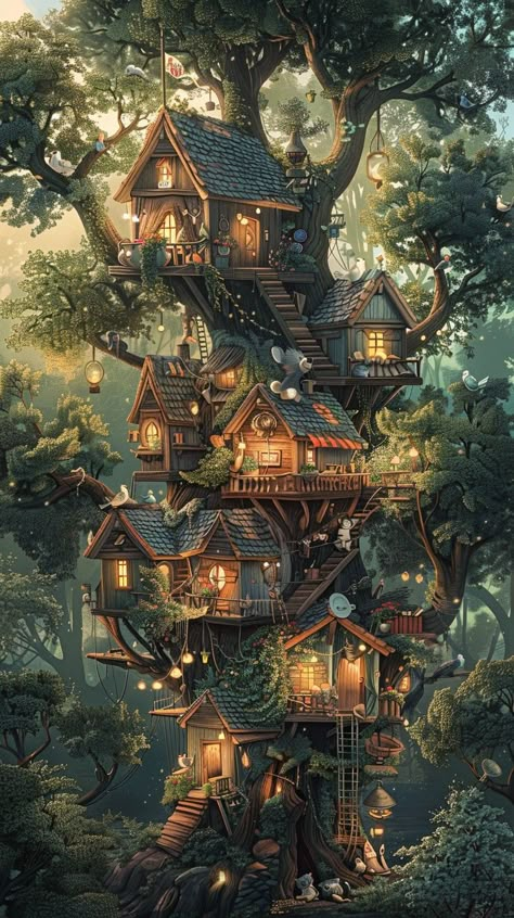 "Enchanted Treehouse Escape: An elaborate treehouse nestled within a #lushforest with multiple levels, bridges, and glowing lanterns. #fantasyscape #outdoordesign #treetopliving #forestretreat ⬇️ Download and 📝 Prompt 👉 https://stockcake.com/i/enchanted-treehouse-escape_695956_860939" Fantasy Treehouse Village, Tree House Castle, Forest House Aesthetic, Magical Tree House, Treehouse Art, Fantasy Treehouse, Magical Treehouse, Fairy Treehouse, Whimsical Treehouse