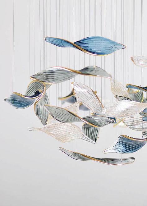 Blue, smoke, gold leaf and clear ripped glass leaves, gold gilded Fish Chandelier, Salon Layout, Katharine Pooley, Hanging Installation, London Chelsea, London Residence, Stunning Chandelier, Pearl Chandelier, Luxury London