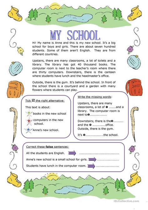 MY SCHOOL - English ESL Worksheets for distance learning and physical classrooms Reading Comprehension For Kids, Reading Comprehension Lessons, Learning English For Kids, English Grammar Worksheets, About School, English Worksheets For Kids, Reading Comprehension Activities, Reading Comprehension Passages, English Lessons For Kids