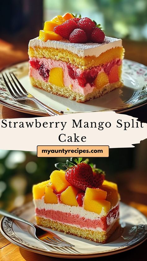 This Strawberry Mango Split Cake is a fresh and fruity dessert that’s perfect for summer gatherings or special occasions. Layers of moist cake are filled with sweet strawberries and juicy mango, topped with whipped cream for a light and refreshing treat. The combination of tropical mango and classic strawberry flavors makes this cake a standout dessert that’s both sweet and tangy. Mango Strawberry Cake, Mango Layer Cake, Mango Cake Filling, Mango Cream Cake, Graham Cake Filipino, Fresh Mango Recipes, Mango Chiffon Cake, Roll Desserts, Kiwi Dessert