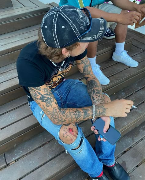 Rockstar Tattoos Guys, Jonas Halvorsen, Men Patchwork Tattoo, Gore Tattoos, Streetwear Tattoos, Tattoos Outfit, Tattoos Patchwork, Rockstar Tattoo, Outfit Inspo Streetwear