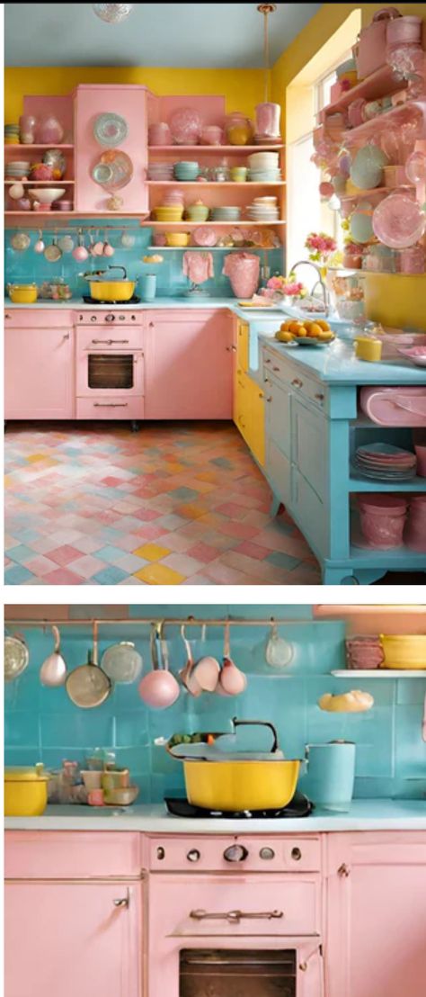 Pink And Yellow Kitchen, Pearl Kitchen, 2025 Wishlist, Green Kitchens, House Of Gold, Kitchens Ideas, Fairytale Cottage, Mural Ideas, Pastel Room