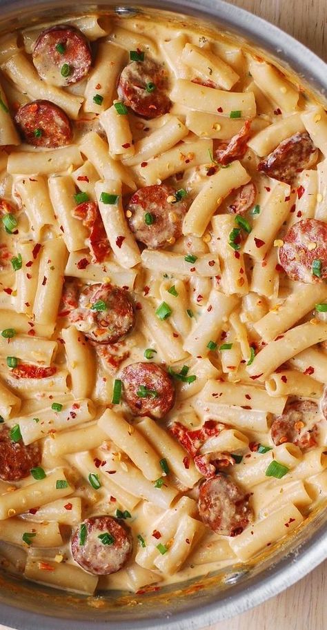 Creamy Mozzarella Penne Pasta with Smoked Sausage in a stainless steel pan. Creamy Mozzarella Pasta With Sausage, Beef Sausage Pasta Recipes, Smoked Sausage And Pasta Recipes, Smoked Beef Sausage Recipes, Creamy Mozzarella Pasta, Recipes With Smoked Sausage, Pasta With Smoked Sausage, Smoked Sausage Recipes Pasta, Smoked Sausage Pasta