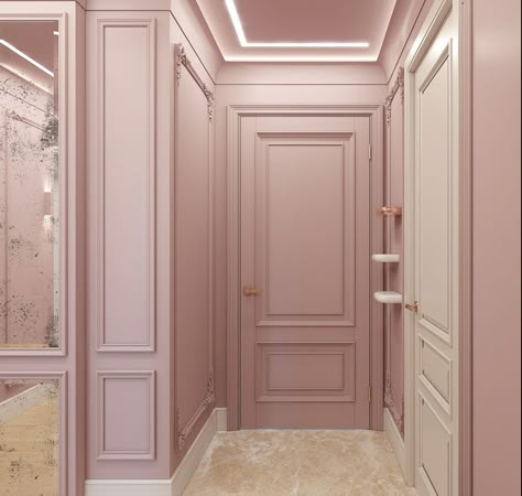 Pink Crown Molding Wall, Pink Tv Room, Pink Media Wall, Pink Paneling, Murs Roses, Nursery Room Inspiration, Wall Molding, Pink Interior, Decor Home Living Room