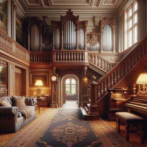 https://flic.kr/p/2pLQYax | East Wing Reception Room, Greystoke Manor | Presented is an interior design masterpiece within Greystoke Manor.  This image is part of the Greystoke Manor series, a breathtaking tour of my Copilot assisted creation of a Scottish historic stately house, complete with plush carpeting, tapestries, wainscotting, carved stone fireplaces, bookshelves of antiquarian tomes, and antique plush furniture all lit with ambient daylight streaming in through wood paneled windows. Paneled Windows, Carved Stone Fireplace, Manor Interior, Plush Furniture, Stone Fireplaces, Palace Interior, Pipe Organ, Tudor Style Homes, Dark Home Decor