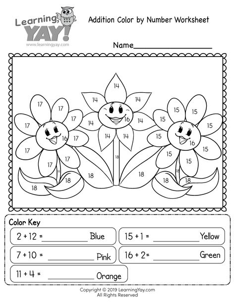 Students have to solve single and double-digit addition problems in order to complete a cute math coloring page that features three happy flowers. It is a fun way for first graders to practice adding numbers within 20. Ryan Sullivan, Addition Coloring Worksheet, Worksheets 1st Grade, First Grade Addition, Ingles Kids, Kindergarten Addition, Addition Worksheet, Worksheet Kindergarten, Fun Math Worksheets