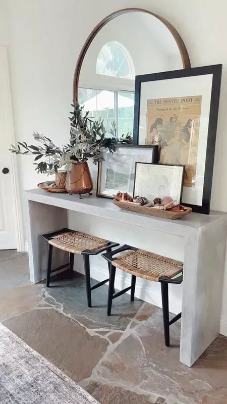 Showing you these foot stools in more detail. They also come in a white/natural color version. #bench #stool #consoletable #diningroom #entryway #wayfairfinds #wayfairhome #onlineinteriordesign #LTKhome Entryway With Stool, Console Table Seating, Entryway Table With Bench, Entry Way Bench And Table, Entryway Table With Stools Underneath, Console Table Styling With Mirror, Entry Bench With Mirror, Entryway Table With Ottomans, Entry Bench Decor Entryway