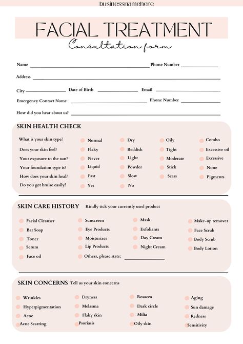 EDITABLE facial consultation form template is for you to customize for your clients in your business. The text has already written for you. Perfectly for Facial, Salon, Spa, Beauty, Skincare, Esthetician, Lash Technician and other beauty businesses like you. It is also easily edited in CANVA free version so that you can customize to your own business. It is completely customizable and available in 2 sizes: 1) A4 DOCUMENT 2) US LETTER Client Consultation Forms Facial, Esthetics Portfolio Ideas, Client Intake Forms Esthetician, Facial Forms Skin Care, Esthetician Products Skincare, Express Facial Bar, Esthetician Client Forms, Beauty Consultation Form, Facial Client Consultation Form