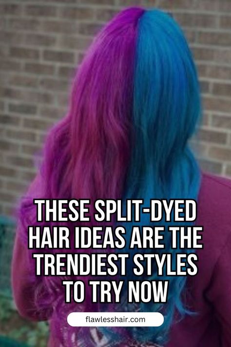 Purple And Blue Hair Pink And Teal Hair, Vivid Hair Color Ideas, Split Dye Hair Ideas, Blue And Purple Hair, Split Dyed Hair, Vivid Hair Color, Creative Hair Color, Teal Hair, Hair Patterns