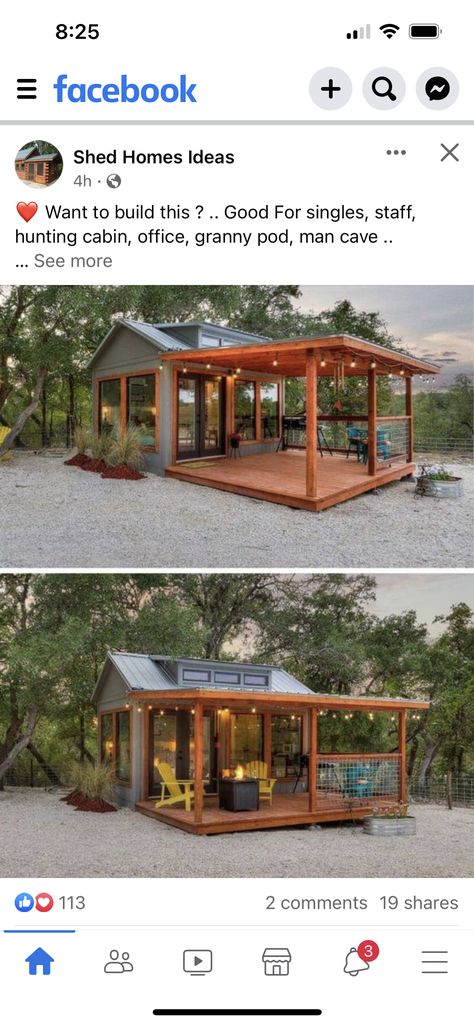 Tiny Home Outdoor Living, Tiny Home With Wrap Around Porch, Mother In Law Tiny House, Tiny Home With Porch, Tiny House Porch Ideas, Tiny Home Deck, Small Granny Flat Ideas, Tiny House Patio, Adu Office