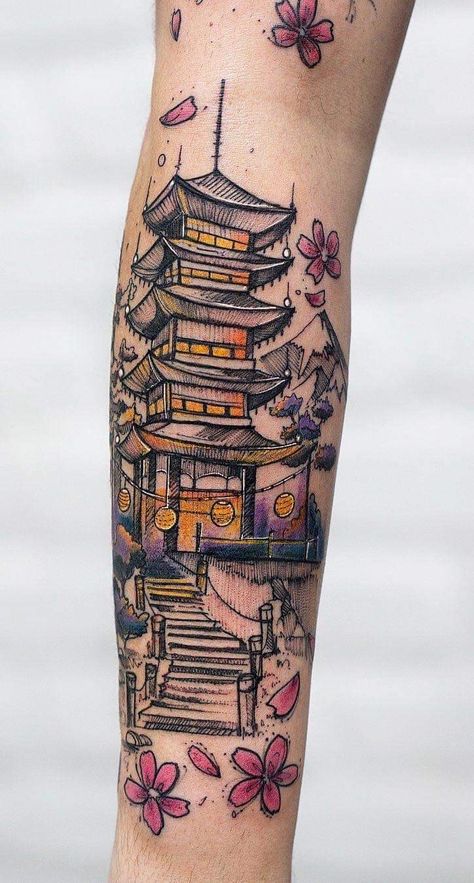 Japanese Temple Tattoo, Magical Tattoos, Small Japanese Tattoo, Illustrative Tattoo, Temple Tattoo, Japanese Tattoo Symbols, Traditional Japanese Tattoo, Yakuza Tattoo, Tattoo Japanese