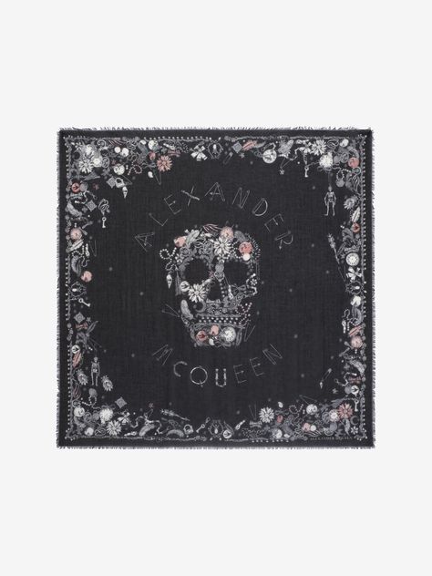 ALEXANDER MCQUEEN "Queen and King" Skeleton Scarf. #alexandermcqueen # King Skeleton, Jeweled Skull, Alexander Mcqueen Skull Scarf, Mcqueen Scarf, Alexander Mcqueen Skull, Silk Chiffon Scarves, Skull Scarf, Collage Drawing, Dark Artwork