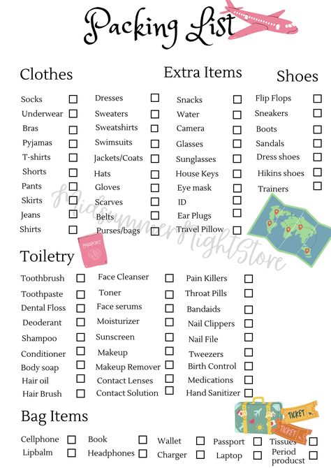 The complete packing checklist for any travel to come. With toiletries, medicine, clothes and extra items.  This way you always go prepared on trips with zero stress. Two Night Trip Packing List, What Should I Pack For A Trip, Small Packing List, Packing List For Holiday, Packing List For A Week Trip, Thing To Bring On Vacation, Packing List School Trip, Packing Trip Checklist, Travel Hygiene Bag Packing Lists