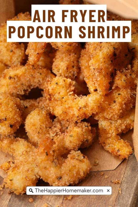 Crispy air fryer popcorn shrimp gives you the classic flavor and crunch of popcorn shrimp without excessive oil. This easy 20-minute recipe can be served as a main course, party appetizer, or a simple afternoon snack.#thehappierhomemaker Popcorn Shrimp Air Fryer, Shrimp Air Fryer, Shrimp In The Air Fryer, Popcorn Shrimp Recipe, Air Fryer Popcorn, Frozen Popcorn, Seafood Ideas, Frozen Sweet Potato Fries, Air Fryer Fish Recipes