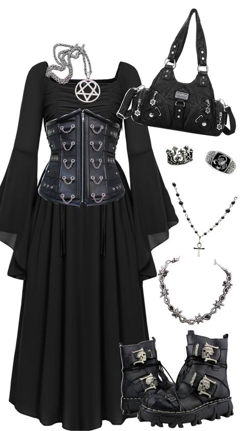 #goth #gothic #tradgoth #metalhead #alternative #rock #altfashion Gothcore Clothes, Gothic Witch Outfits, Goth Outfits For Women, Dark Witch Outfit, Ghost Concert Outfit, Goth Witch Outfits, Fairy Goth Outfit, Metal Girl Outfit, Heavy Metal Outfit