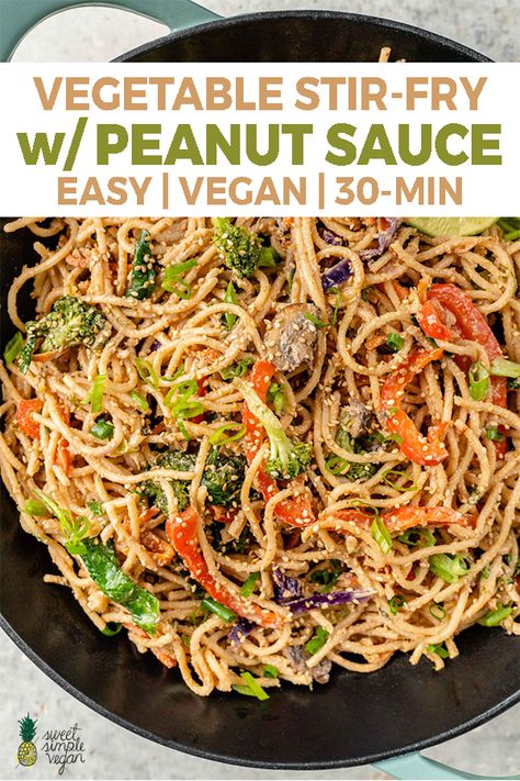 Learn how to make this easy vegetable stir fry with a creamy peanut sauce in an hour or less. This recipe is pantry-friendly, full of flavor, and makes the perfect meal any night of the week. #stirfry #peanutsauce #asianrecipes #sweetsimplevegan #bestofvegan #vegandinner #veganentree #kidfriendly #vegetablenoodles #vegetablestirfry #veggiestirfry #peanutstirfry #creamypeanutsauce Wfpb Stir Fry, Stir Fry Recipes Peanut Sauce, Vegan Peanut Stir Fry, Peanut Sauce Recipe Stir Fry, Peanut Sauce Stir Fry Veggies, Peanut Stir Fry Recipes, Vege Stir Fry, Vegan Stir Fry Sauce, Stir Fry With Peanut Sauce