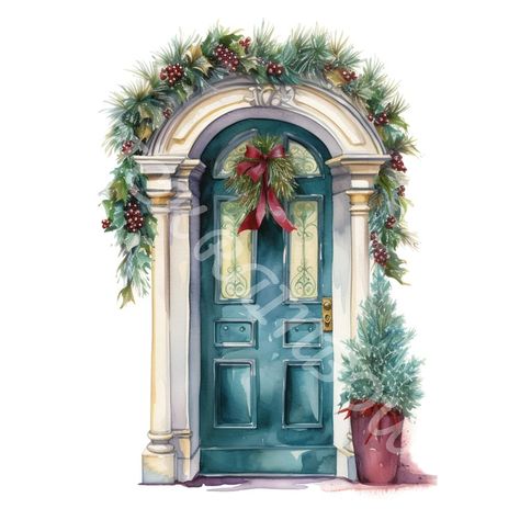 Door Clipart, Watercolor Christmas Art, Christmas Front Door, Png Art, Pen And Watercolor, Art Bundle, Christmas Clipart, Christmas Door, Christmas Watercolor