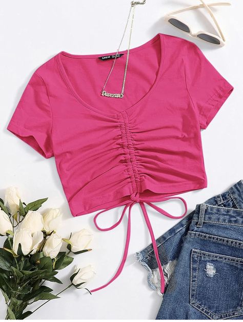 Women's T-Shirt Solid Drawstring Ruched Tee T-Shirt for Women Color : Hot Pink Pink Crop Top Outfit, Red Top Outfit, Top Summer Outfits, Fancy Shirt, Crop Top Outfits, Cute Comfy Outfits, Simple Trendy Outfits, Really Cute Outfits, Red Top