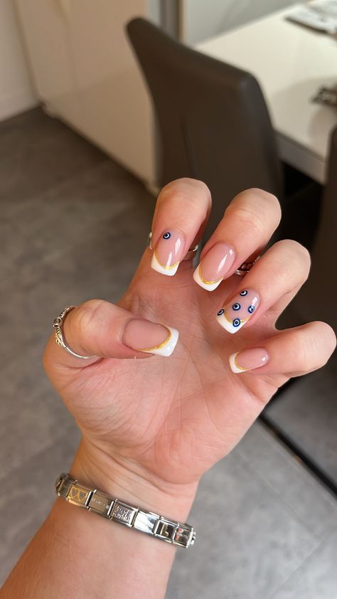 Turkish evil eye nails Evil Eye Gold Nails, Blue Nail Inspiration, Gold French Tip, Evil Eye Nails, Summer Acrylic, White French Tip, Bright Nails, Blue Nail, Summer Acrylic Nails