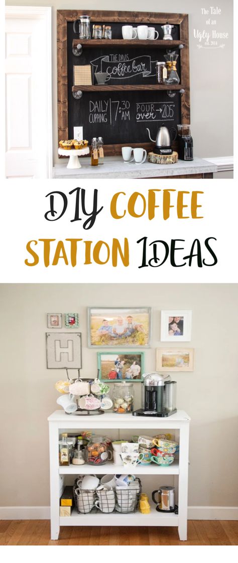 We’ve rounded up some great DIY Coffee Station Ideas from around  the web that we think you’re going to love. No matter what your favorite hot  beverage of choice, I’m sure you’ll find some fantastic ideas here that you can  get some inspiration from. #homedecor #diyhomedecor #diyhomedecortipsandideas  #decor #decoratingideas #homedecordiy #homedecorideas Homemade Coffee Bar, Wall Coffee Bar, Diy Coffee Station Ideas, Rustic Coffee Station, Holiday Coffee Bar, Coffee Station Ideas, Junk Chic Cottage, Love No Matter What, Diy Coffee Station