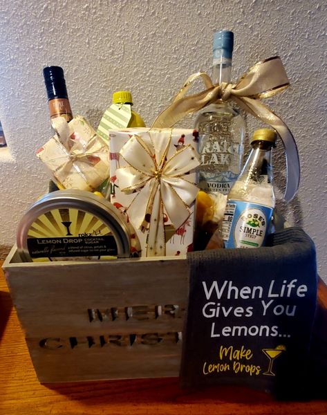 Lemon Drop Gift Basket, Drink Gift Basket, Lemon Martini, Tricky Tray, Snack Bouquet, Lemon Drop Cocktail, Infused Sugar, Martinis Drinks, Lemon Drop Martini