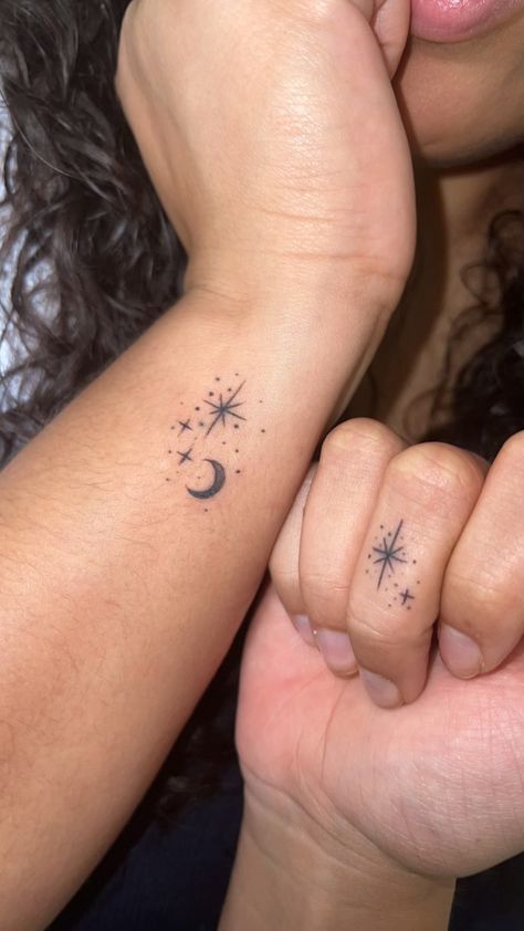 Tattoos With Crescent Moon, Small Matching Moon Tattoos, Moon And Stars Ankle Tattoo, Moon And Stars Small Tattoo, Small Tattoos Moon And Stars, Moon And Stars Tattoo Wrist, Sun Moon Star Cloud Tattoo, Sun And Moon Wrist Tattoos For Women, Sun Moon Star Tattoo Small Simple