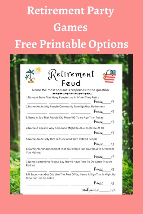 37 Retirement Party Games Free Printable Options - Fun Party Pop Planning Retirement Party, Games For Retirement Party, Retirement Party Game Ideas, Fun Retirement Party Games, Free Retirement Printables, Retirement Party Games Funny, Retirement Games To Play, Retirement Signs Ideas Free Printable, Retirement Party Games Activities